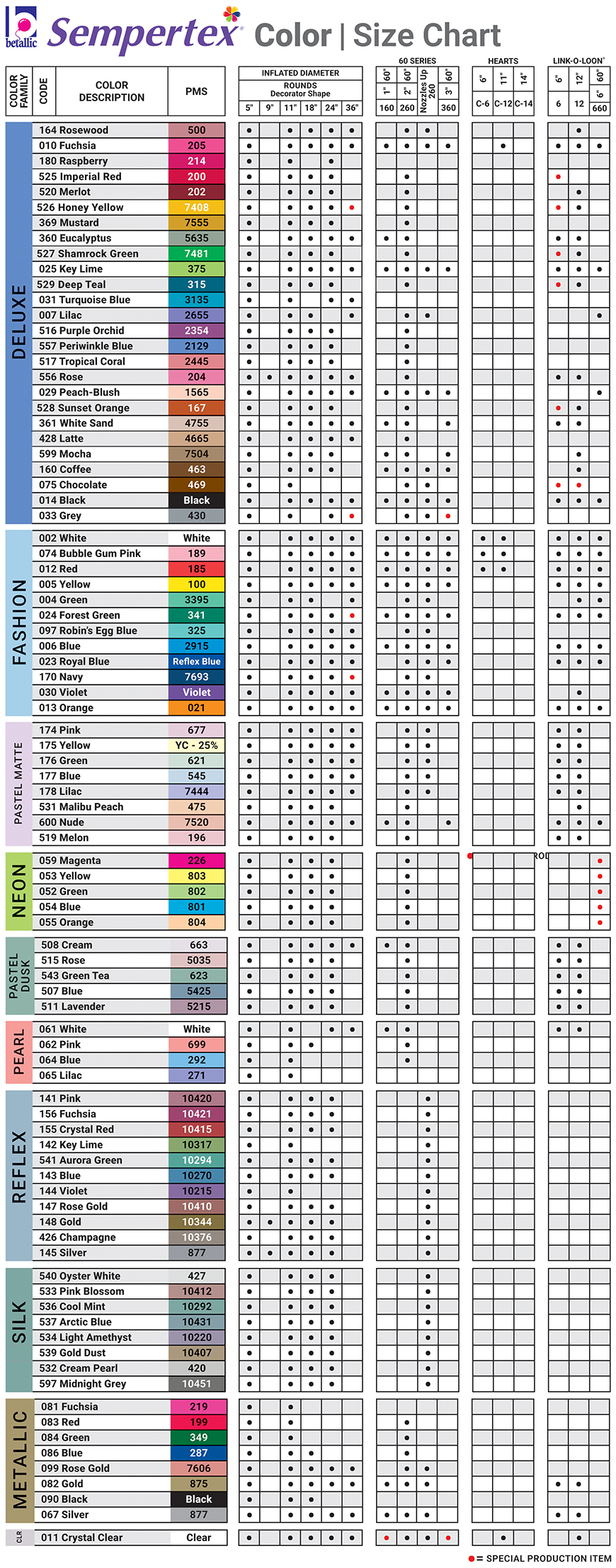 Latex Color/Size Chart
